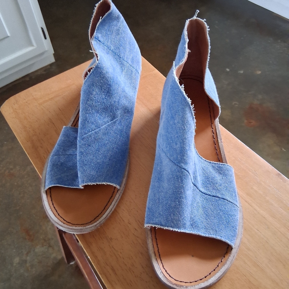 Free People Denim Blue Open-Toe Sandal Wedges